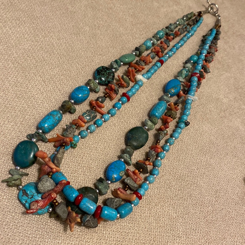 * 𝒮𝒪ℒ𝒟 *Triple Strand Variety of Turquoise and Branch Coral Southwest Necklace